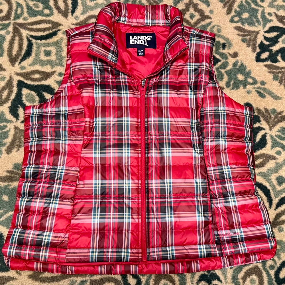 Lands End Tartan Plaid Down Puffer Vest XL P Petite LIKE NEW!
